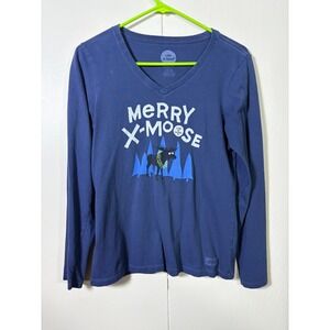 Life is Good Crusher Tee Merry X-Moose Blue Long Sleeve V-Neck S Holiday Cabin